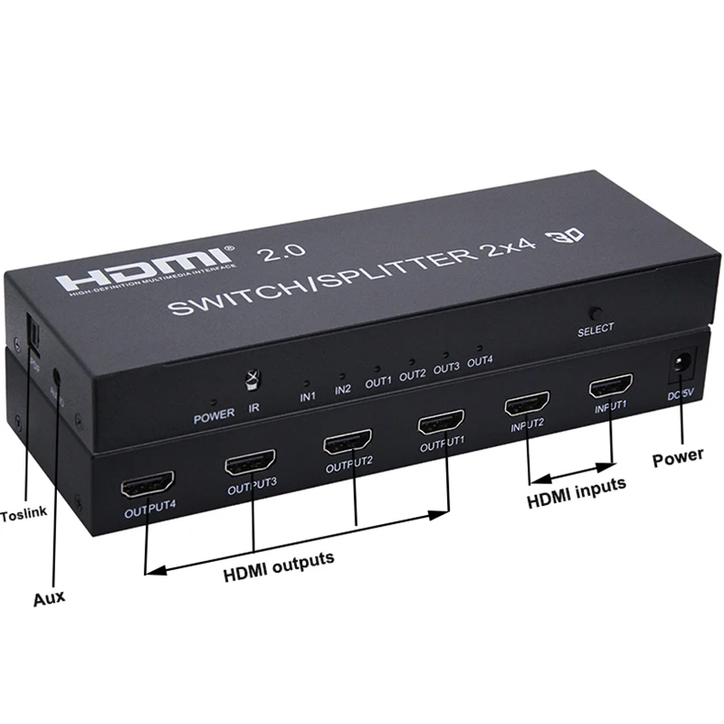 HDMI 2,0 переключатель делителя 2X4 переключатель сплиттер с цифровым аудио HDMI 2 в 4 не HDMI матрица 2X4 HDMI 1.4B 4k X 2K 30hz 3D