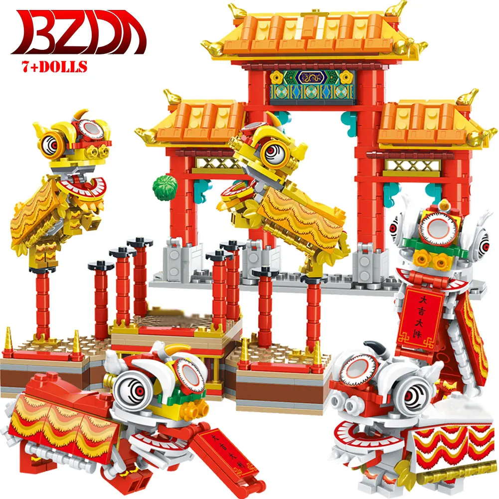 

BZDA Chinese Lion Dance New Year Blocks Spring Festival Temple Stage Street View Building Block Kids Toys 7 Figures