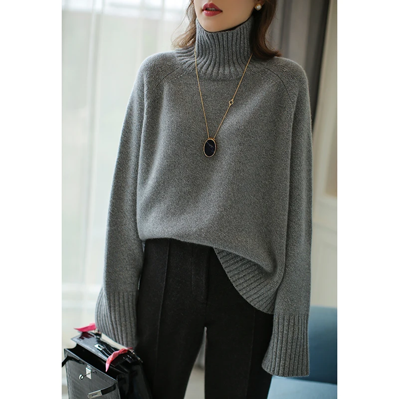 Autumn and winter thickened cashmere sweater women loose turtleneck loose large size solid color knit bottom 4