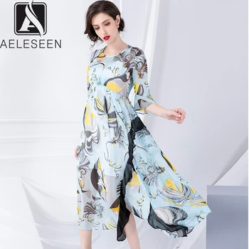 

AELESEEN High Quality 100% Silk Runway Design Dresses Women 2019 Autumn Luxury Fuffles Flare Sleeve Irregular A-Line Print Dress