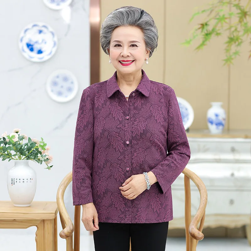 purple Осенние женские топы 60-70 лет, блузка для матери, рубашка с длинными рукавами и принтом, весеннее пальто для мамы, кардиган, блузка 1485 - Цвет: purple