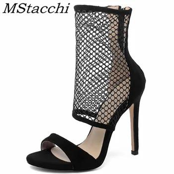 

MStacchi Women Sandals Black High Heel Air Mesh Party Shoes Elegant Zipper Peep-toe High-Top Sandals Spring Autumn Women Shoes