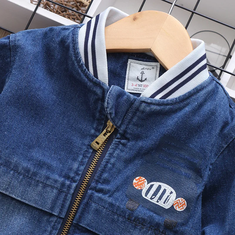 

Bf-qd308b Childrenswear Kids' Overcoat 2019 Autumn New Style Bus Printed Stand Collar BOY'S Denim Jacket