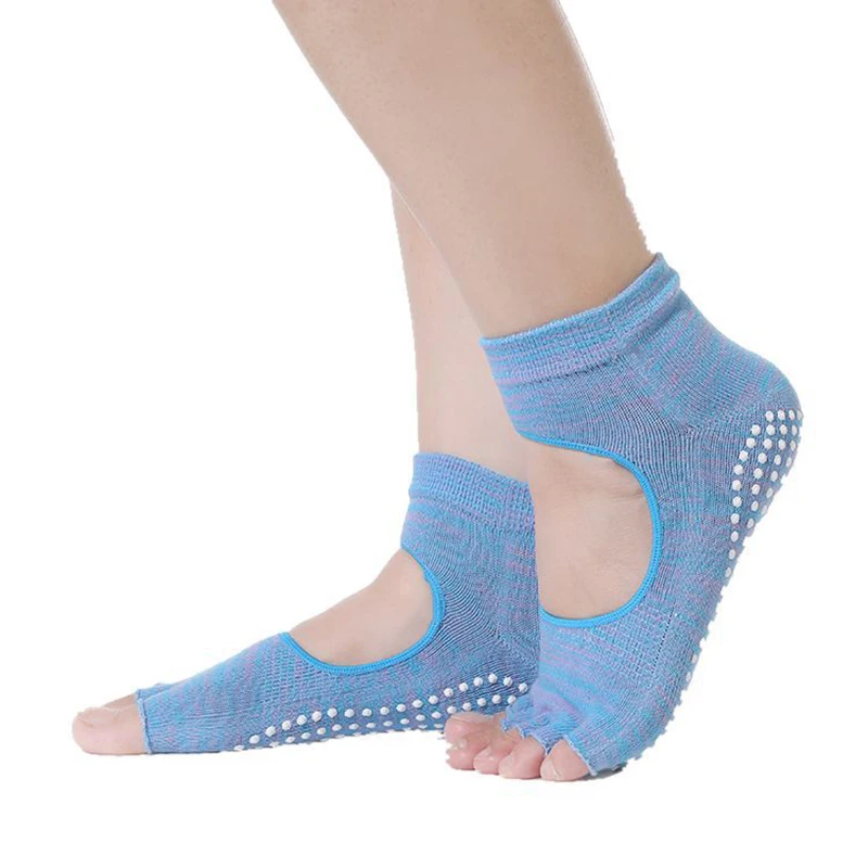 Хлопковые полосатые женские носки для йоги с открытым носком и открытой спиной, носки для йоги для спорта, профессиональные Нескользящие резиновые нескользящие носки для женщин - Цвет: Half Toe Blue