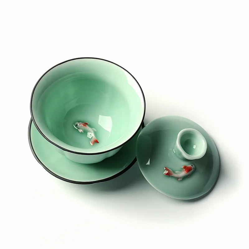 3D золотая рыбка Gaiwan керамический Longquan Celadon чай супница Gongfu Чайный набор супница чашка