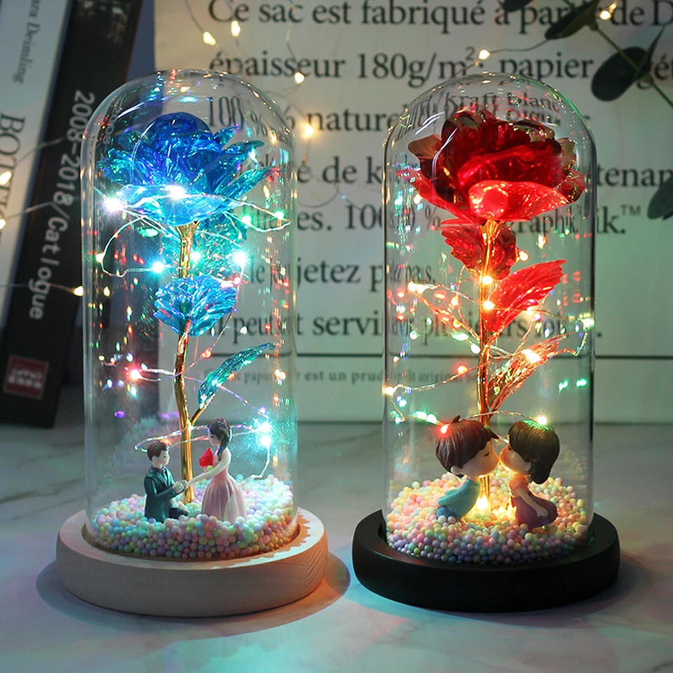 2020 LED, Rosa encantada, flor de lámina de oro de 24K eterna con cadena de luces de hadas en la cúpula para regalo de Navidad y Día de San Valentín - Imagen 5