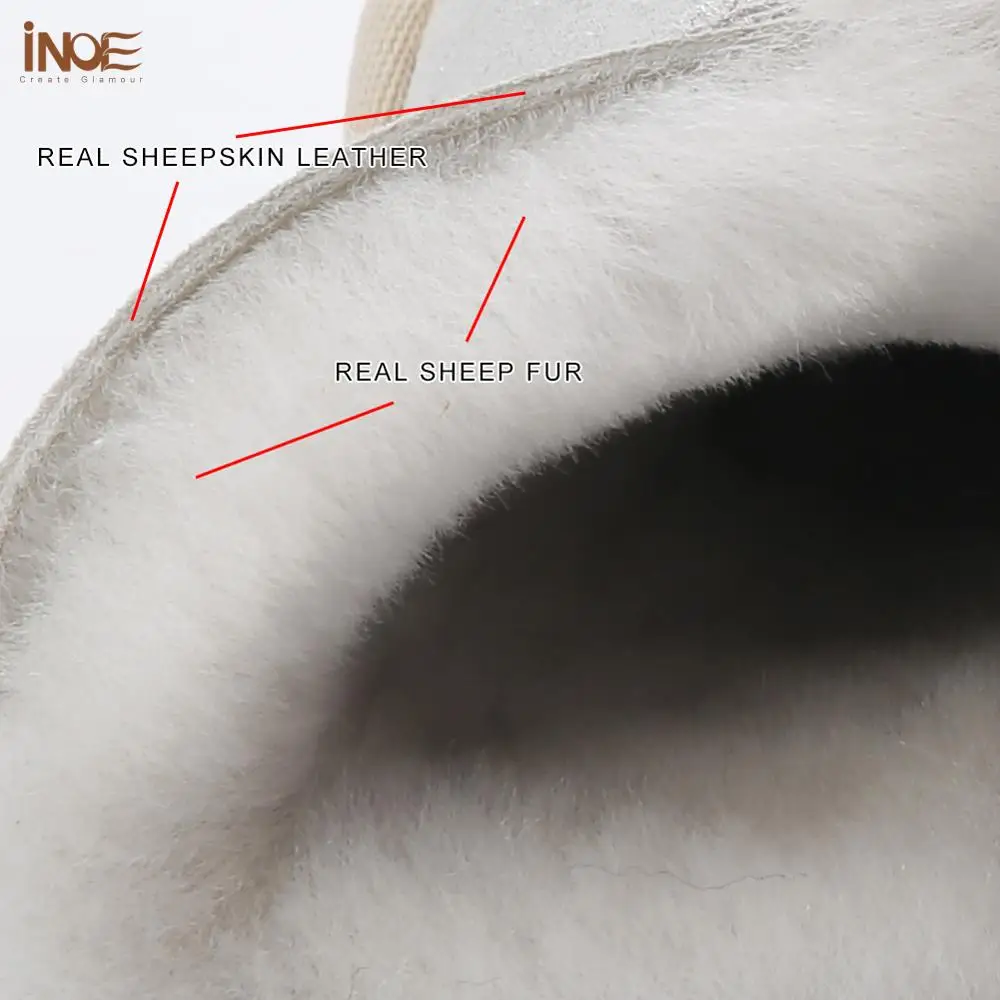 INOE 여성용 천연 양모 모피 안감 스노우 부츠, 진짜 양가죽 가죽, 짧은 발목 따뜻한 신발, 화이트 플랫, 겨울 패션
