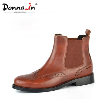

Donna-in Low Heels Women Chelsea Boots Natural Leather Vintage Brown Carved Winter Short Boots Slip On Classic Shoes Botas Mujer
