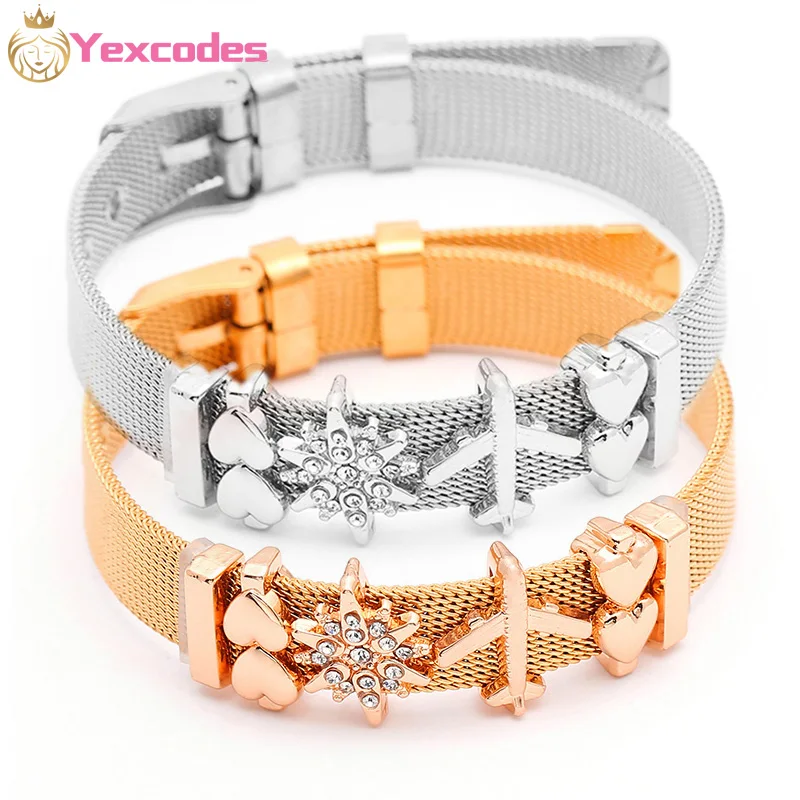 

Yexcodes Stainless Steel Mesh Bracelet Set Gold Love Heart Charm Brand Bracelet Bangle Woman Lover Jewelry Gift Dropshipping
