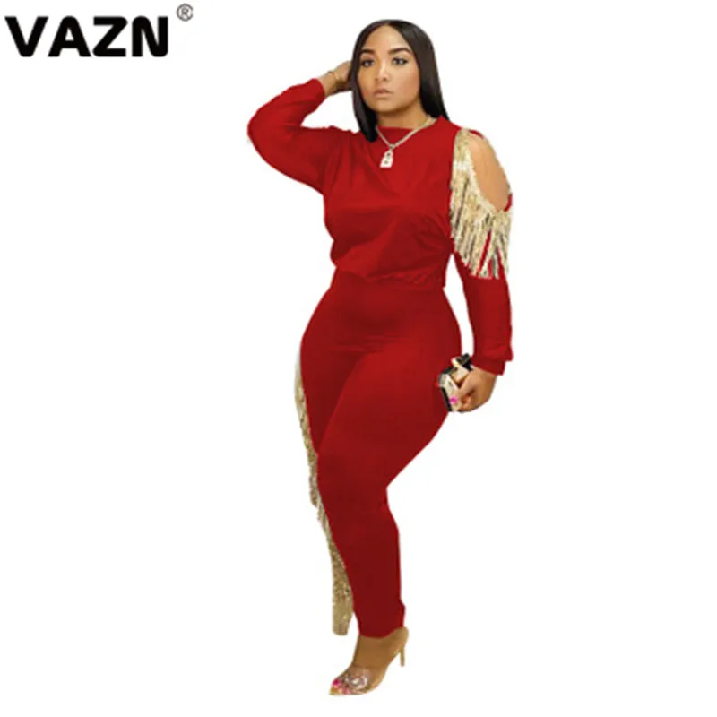 VAZN,, новейший стиль, сексуальный наряд с бахромой, для молодых, неопрятный, однотонный, полный рукав, с открытыми плечами, топ, длинные штаны, тонкий женский комплект из 2 предметов