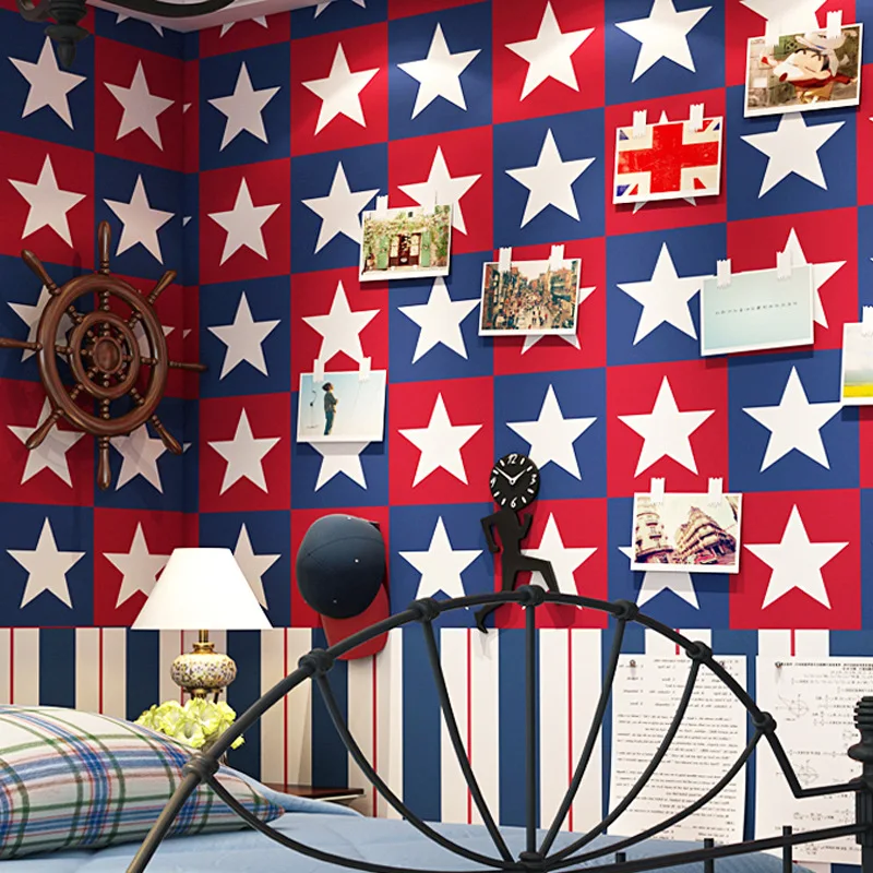 

British Style Mediterranean CHILDREN'S Room AB Version of Five-pointed Star Vertical Striped Wallpaper Boy Background Wallpaper