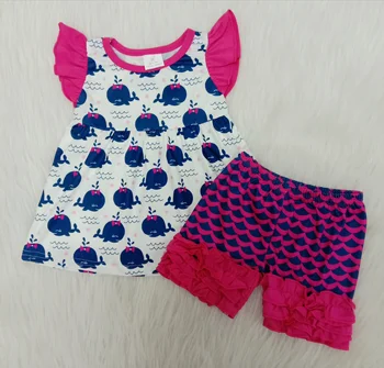

Baby girl summer pearl set whale pattern tunic scale ruffled shorts