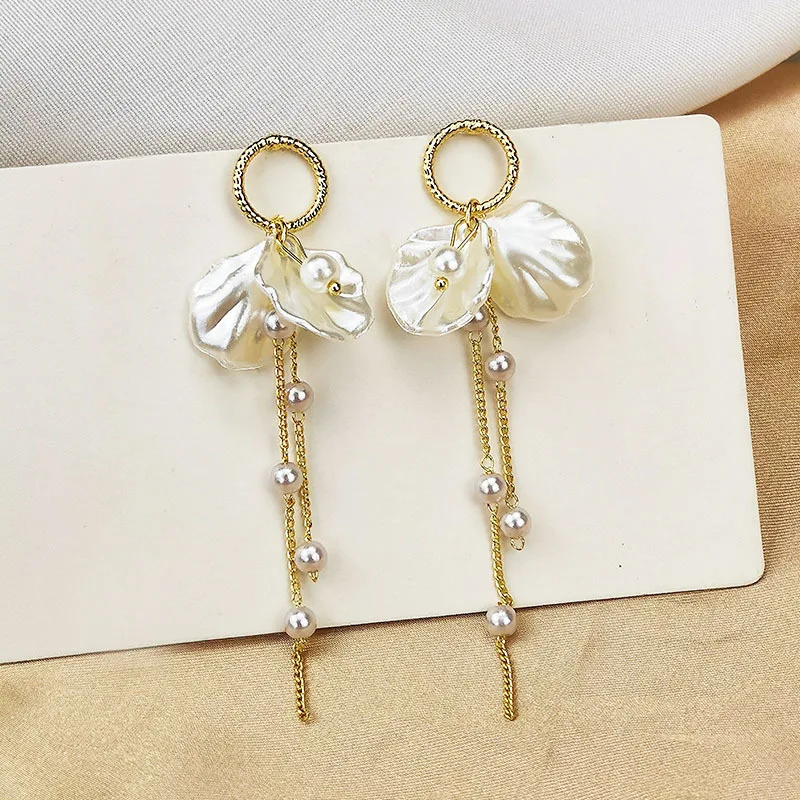 

Tassel Earring Long Dangle White Shell Petal Gold Zircon Fashion Sweet Simple Style Pendientes Bohemia Jewelry For Girls EF53