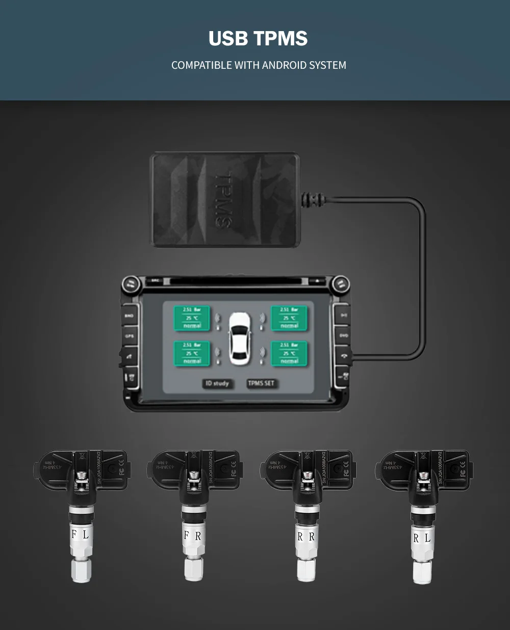 Новая система мониторинга давления в шинах USB TPMS для Android DVD плеер с 4 внутренними датчиками автомобильные аксессуары XZ-46