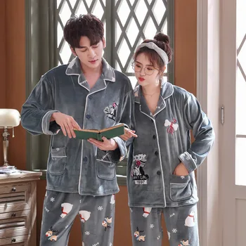 

Cute Cartoon Flannel Pajamas Set Sleepwear Couples 2PCS Shirt&pant Winter Thicken Warm Pijamas Suit Nightwear Casual Homewear