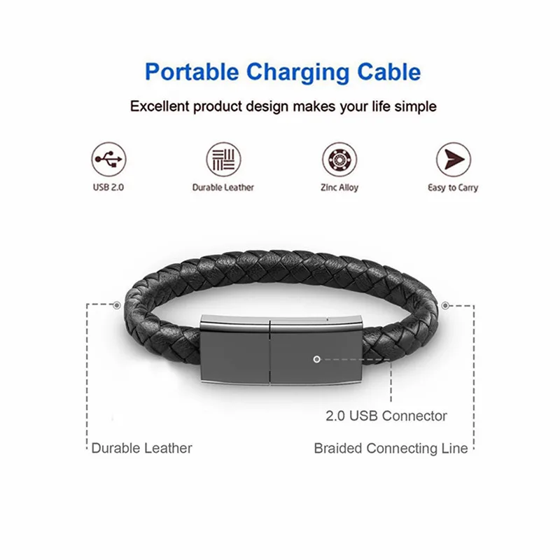 Браслет короткий Micro usb кабель для зарядки и синхронизации данных для iPhone 8 X USB Xiaomi Pocophone F1 huawei P10 P20 Pro type C Скрытый Кабель