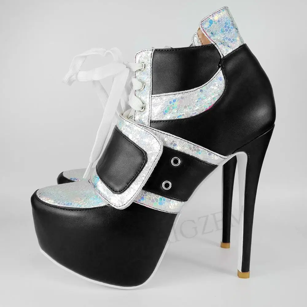 LAIGZEM Botines Mujer; женские ботильоны; полусапожки на шнуровке на высоком каблуке; Bota Feminina; женская обувь; большие размеры 50, 51, 52 - Цвет: LGZ1015 Black