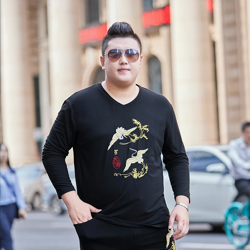 Плюс размер 8XL 7XL 6XL 5XL Футболка мужская весна осень новая футболка с длинным рукавом для мужчин брендовая мягкая из чистого хлопка Приталенная футболка - Цвет: black