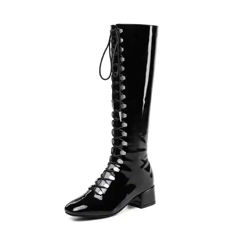 black not fur ASUMER/ г. Новые женские ботинки из лакированной кожи осенне-зимние сапоги на шнуровке с круглым носком на квадратном каблуке модные женские сапоги до колена - Цвет: black not fur