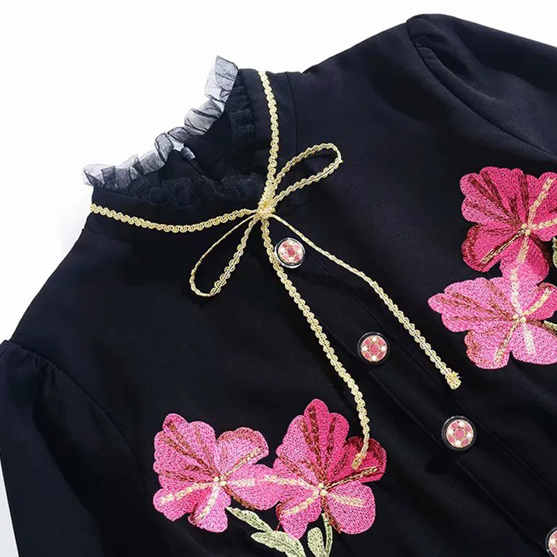 High quality spring summer fashion women's heavy industry embroidered neckline bow buckle slim fit split dress H1085