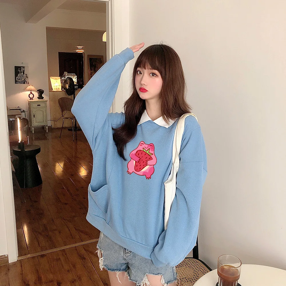 

Vintage Fun Sweatshirts Women Cotton Harajuku Streetwear Casual Long Sleeve Oversized Fashion Hoodie Strawberry Frog Pullover