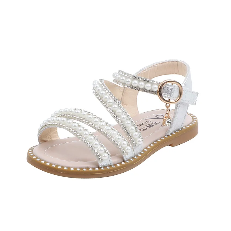 Summer Girls Shoes Bead Mary Janes Flats Fling Princess Shoes Baby Dance Kids Sandals Children Wedding Pink D238