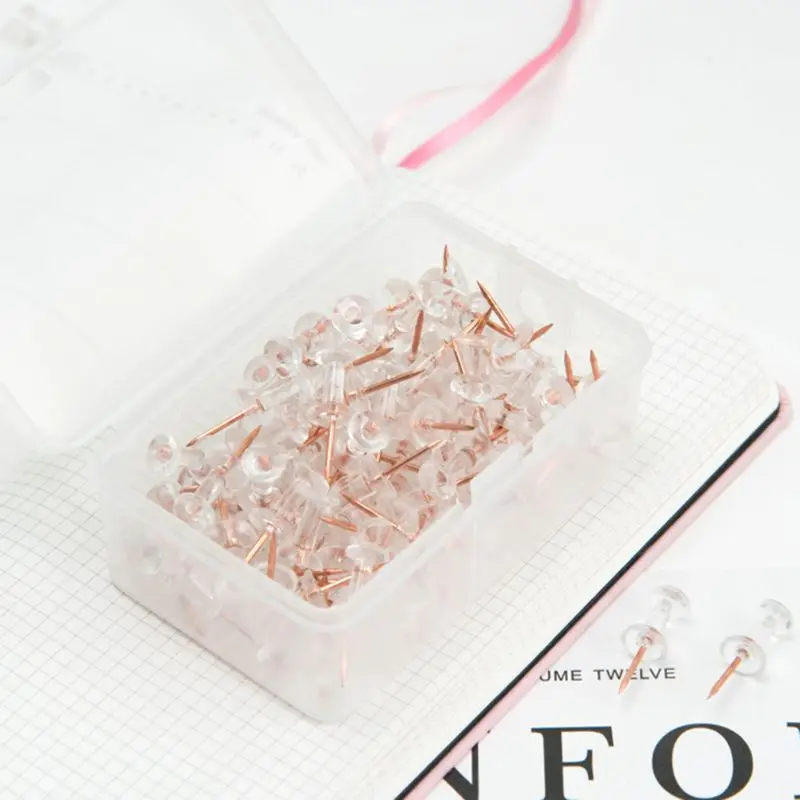 

100pcs Transparent Rose Gold Push Pins Thumb Thumbtack Board Pins Drawing Photo Wall Studs Office School Supplies