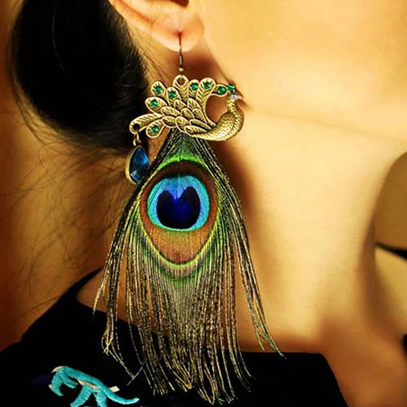 

1Pc/Set Vintage Boho Peacock Earrings Feather Shiny Women Dangle Long Tassel Earrings Eardrop Ornaments Jewelry Oorbellen Z4P338