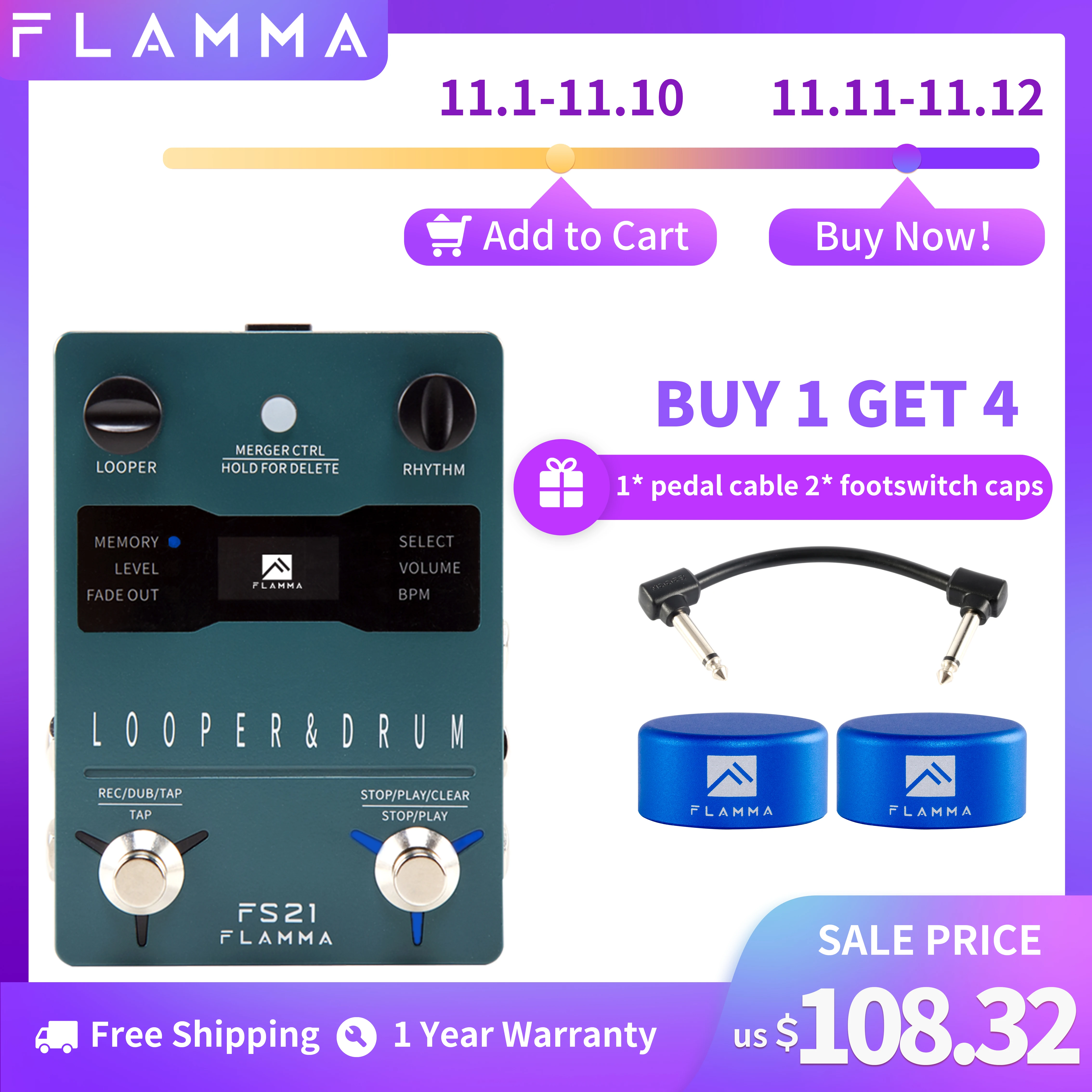 PROD 1005002010728570 FLAMMA FS21 Drum Machine Looper Guitar Effcts
Pedal 160 Minutes Looper 100 Drum Grooves Support Software Editing with
LED Screen