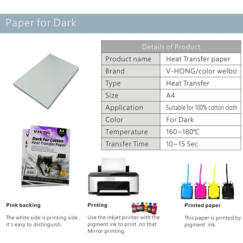 V-HONG темного цвета хлопок Футболка сублимационная бумага одежда A4 теплопередача бумага для струйной печати