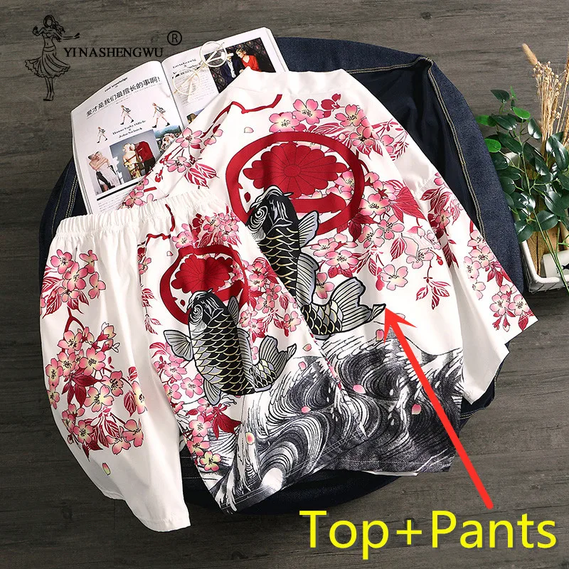 Традиционное японское кимоно юката для женщин и мужчин Кимоно Кардиган для мужчин топ и брюки наборы Япония Кимоно лето пляж Тонкая Повседневная рубашка - Цвет: white top and pants