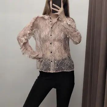 

2019 Fall Women Transparent Flower Lace Shirt Blouse Long Sleeve Ruffle Shirt Turn-Down Collar Personality Lady Shirt Top