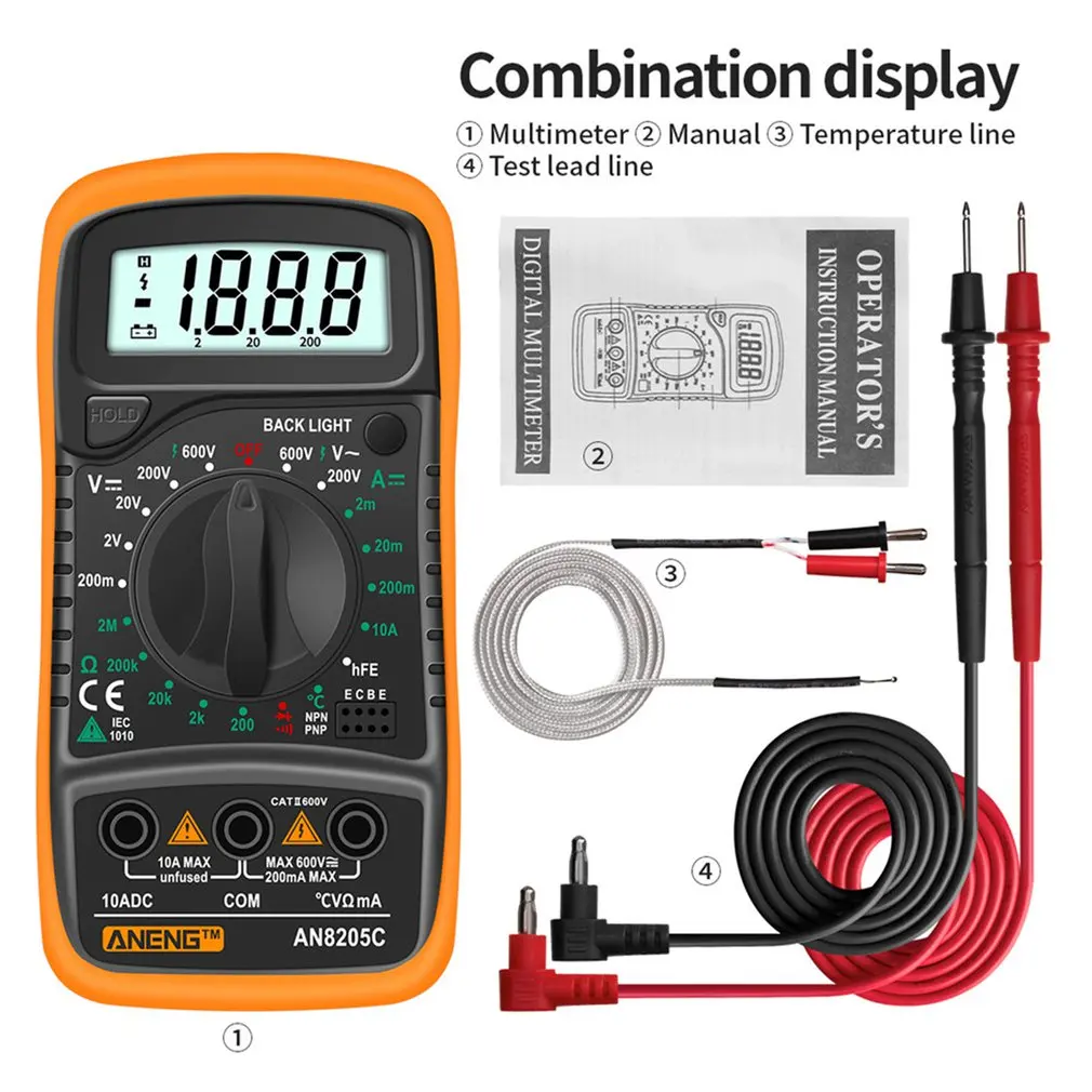 ANENG AN8205C multímetro Digital AC/DC amperímetro de prueba de ohmios de profesión Multimetro con termopar retroiluminación LCD pantalla