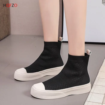 

HQFZO Casual Women Elastic Boots Slip On Breathable Platform Flats Mesh Slip On Autumn Socks Boots Female Sneakers Short Botas
