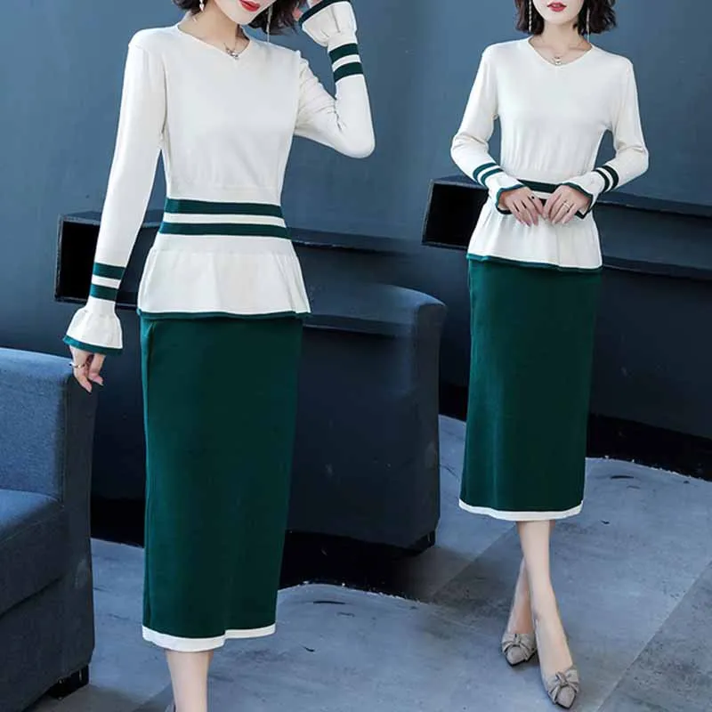 

Jersey Dress Women's 2019 New Style Graceful Sweater Skirt Two-Piece Set Spring And Autumn Elegant Long Skirts