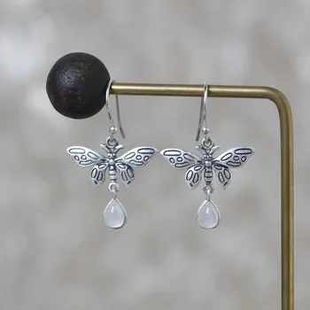 

FNJ 925 Silver Butterfly Earrings S925 Sterling Silver Drop Earring for Women Jewelry Yellow White Chalcedony Rose Red Zircon