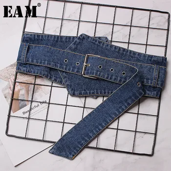 

[EAM] 2020 New Spring Summer Irregular Split Joint Loose Long Buckle All-match Long Denim Belt Women Fashion Tide JI274