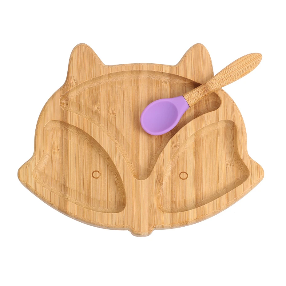 foxpurple Креативная силиконовая присоска, детская тарелка для кормления, Бамбуковая детская посуда, детская миска, миска для кормления ребенка с присоской - Цвет: foxpurple