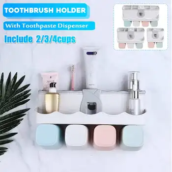

Toothbrush Holder 2/3/4 Cups With Toothpaste Dispenser Plastic Rack Shaver Tooth Brush Dispenser Bathroom Organizer Tools Set