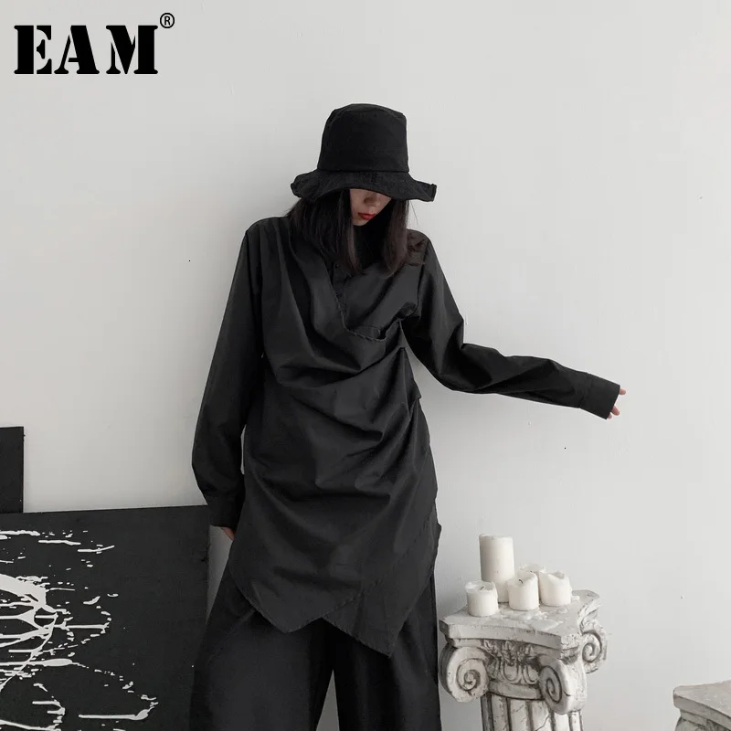

[EAM] Women Black Pleated Split Joint Blouse New Lapel Long Sleeve Loose Fit Shirt Fashion Tide Spring Autumn 2020 19A-a692