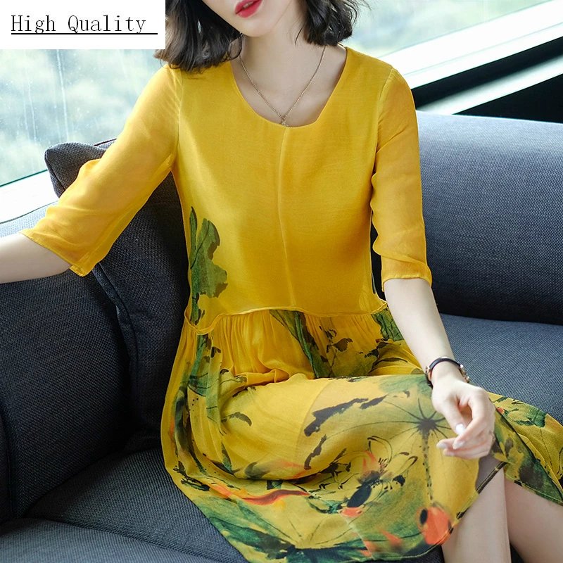 

Summer Midi Dress Women Silk Party Vintage Dress Print Elegant Maxi Dresses Beach Vestido Ladies Work Clothes LWL1495