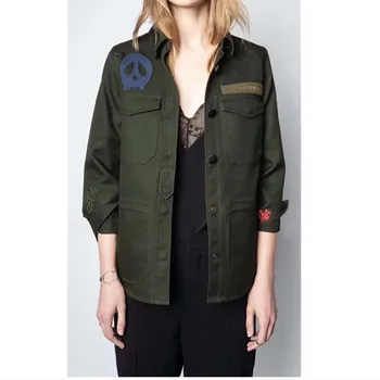 

Women Green Jackets and Coats 2020 Autumn Winter Skull Embroidered Flannel Badge Female Outwear Top With Pockets Fashion
