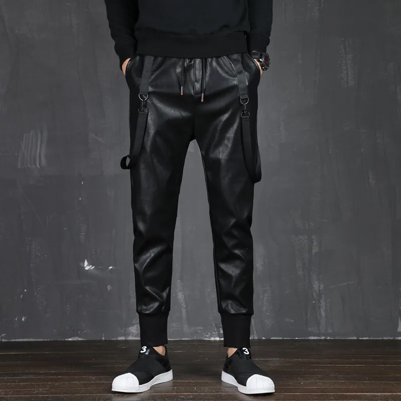 Мужские брюки из искусственной кожи, уличная одежда, облегающие брюки с эластичной резинкой на талии в стиле панк, черные брюки-шаровары в стиле хип-хоп, мужские мотоциклетные брюки, 3XL