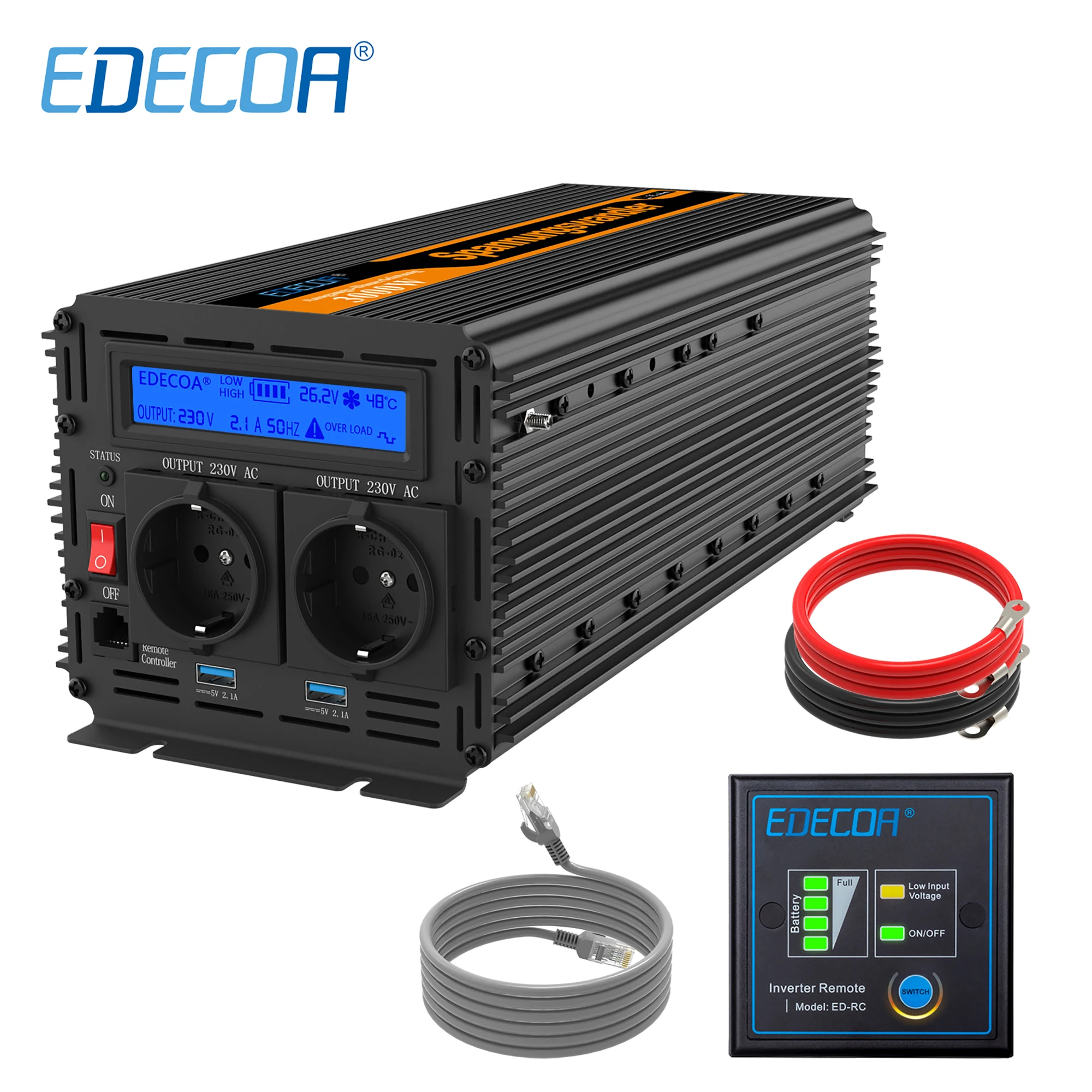 EDECOA 3000W 6000W DC  24V to AC 220V 230V modified sine wave power inverter with remote control LCD display USB port 5V 2.1A