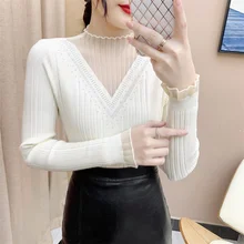 

2021 Fashion Fall Winter Sexy Lace Knitted Sweater Stitching Long-sleeved Knit Pullover Basic Woman Sweaters Solid Ladies Tops