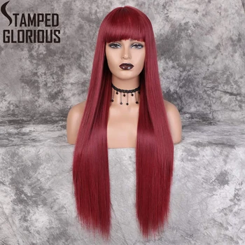 

Stamped Glorious Long Straight Black Wig with Bangs Ombre Red Sythetic wigs for Women Daily Wear Costume Wig Heat Resistant Hair