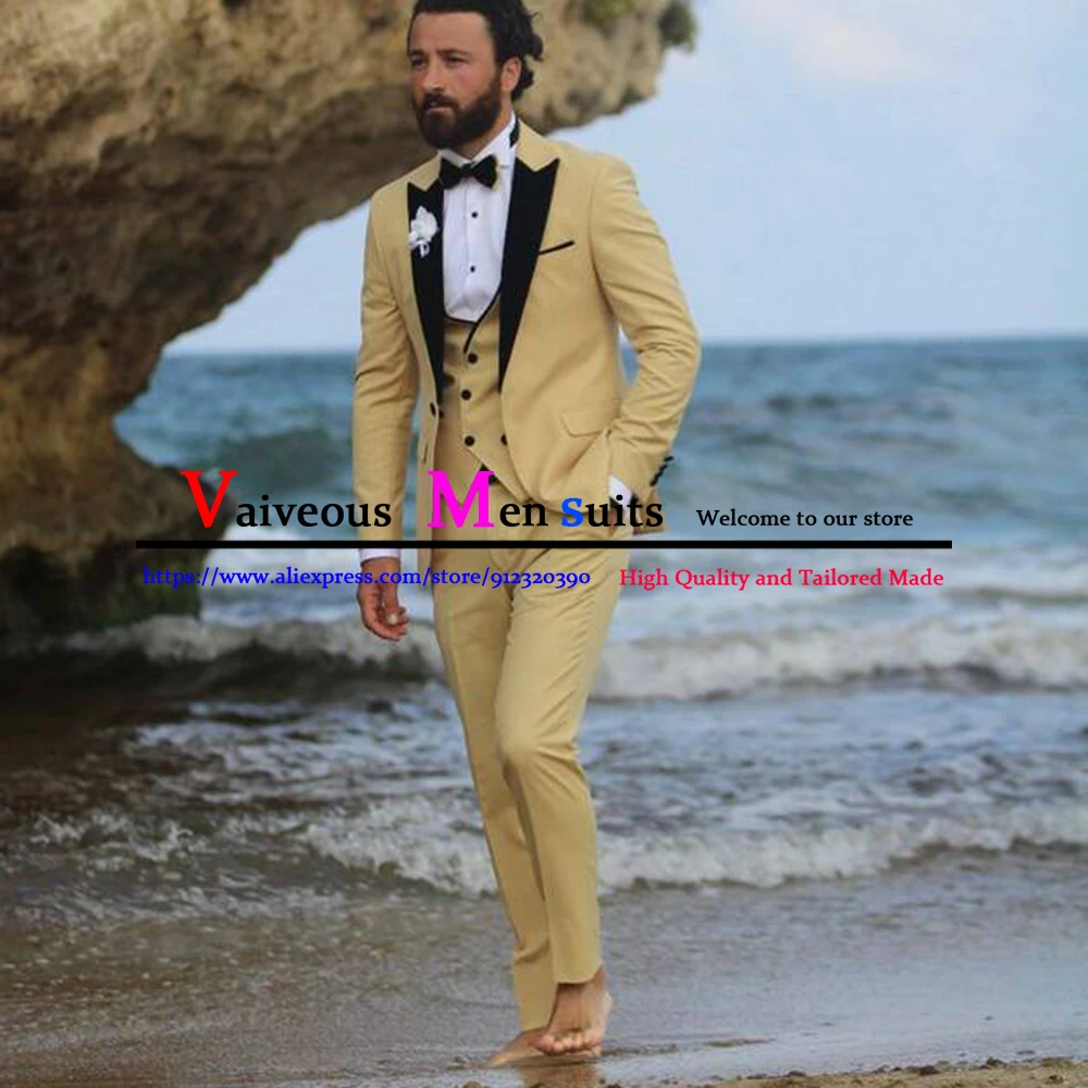 うファッション ゴールドスリムフィット男性スーツビーチ結婚式新郎タキシード黒ノッチ人ブレザー衣装オム3枚のジャケットパンツベスト ご注文 Www Friemonthfreesefuneralservice Com