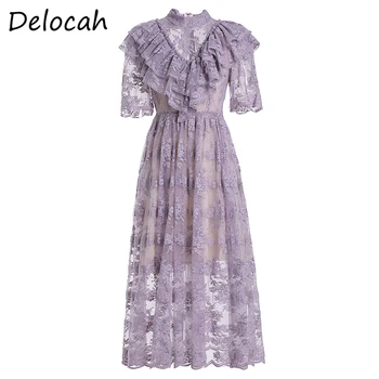 

Delocah Summer Fashion Female Holiday Dress Women Gorgeous Ruffles Embroidery Lace Violet Printed Ladies Midi Dresses vestidos