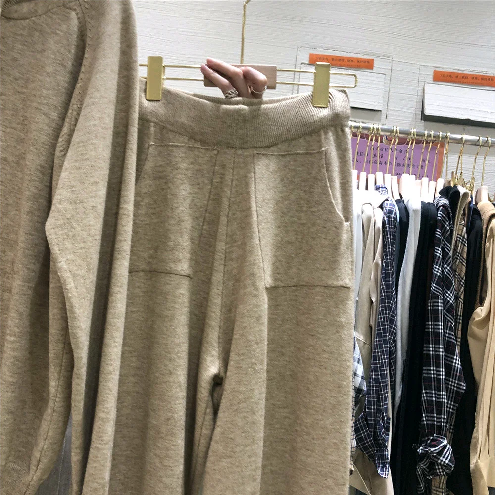 Прямые продажи полный модный вязаный комплект с капюшоном Женский Повседневный удобный свитер с длинным рукавом+ штаны комплект из 2 предметов для женщин