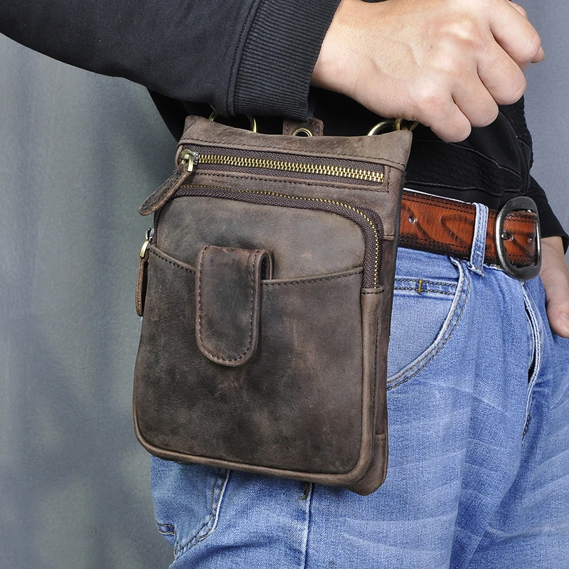 Thick Crazy Horse Leather Male Design One Shoulder Messenger bag Fashion Hook Belt Fanny Waist bag Pack Summer Small Phone 6549